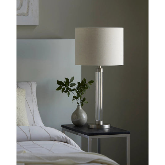 Peninsula Table Lamp - 524602 by Livabliss in body: clear, metallic - nickel, base: metallic - nickel, shade (outside): beige, shade (inside): white, finial: metallic - nickel, harp: metallic - nickel, cord: translucent and pla