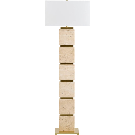 Ponta Accent Floor Lamp by Surya in body: yellow; shade: white; finial: metallic - brass; harp: metallic - gold; cord: translucent and burnishedplated. Made from travertine, linen, plastic, iron in a unique style.