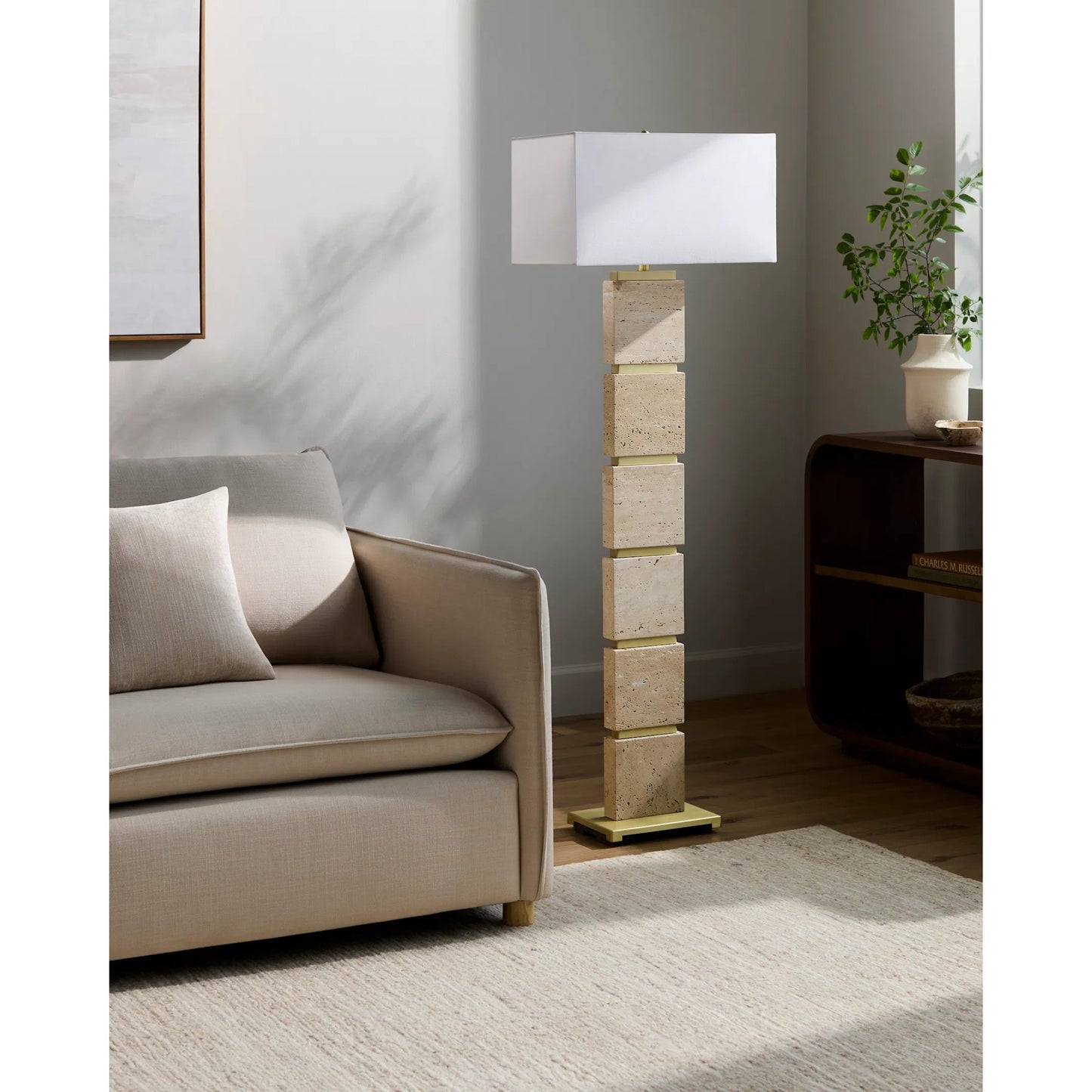 003 SI-2244643 | Lifestyle | Ponta Accent Floor Lamp by Surya in translucent, yellow, white, metallic gold, metallic brass and burnishedplated. Made from travertine, linen, plastic, iron in a transitional style.
