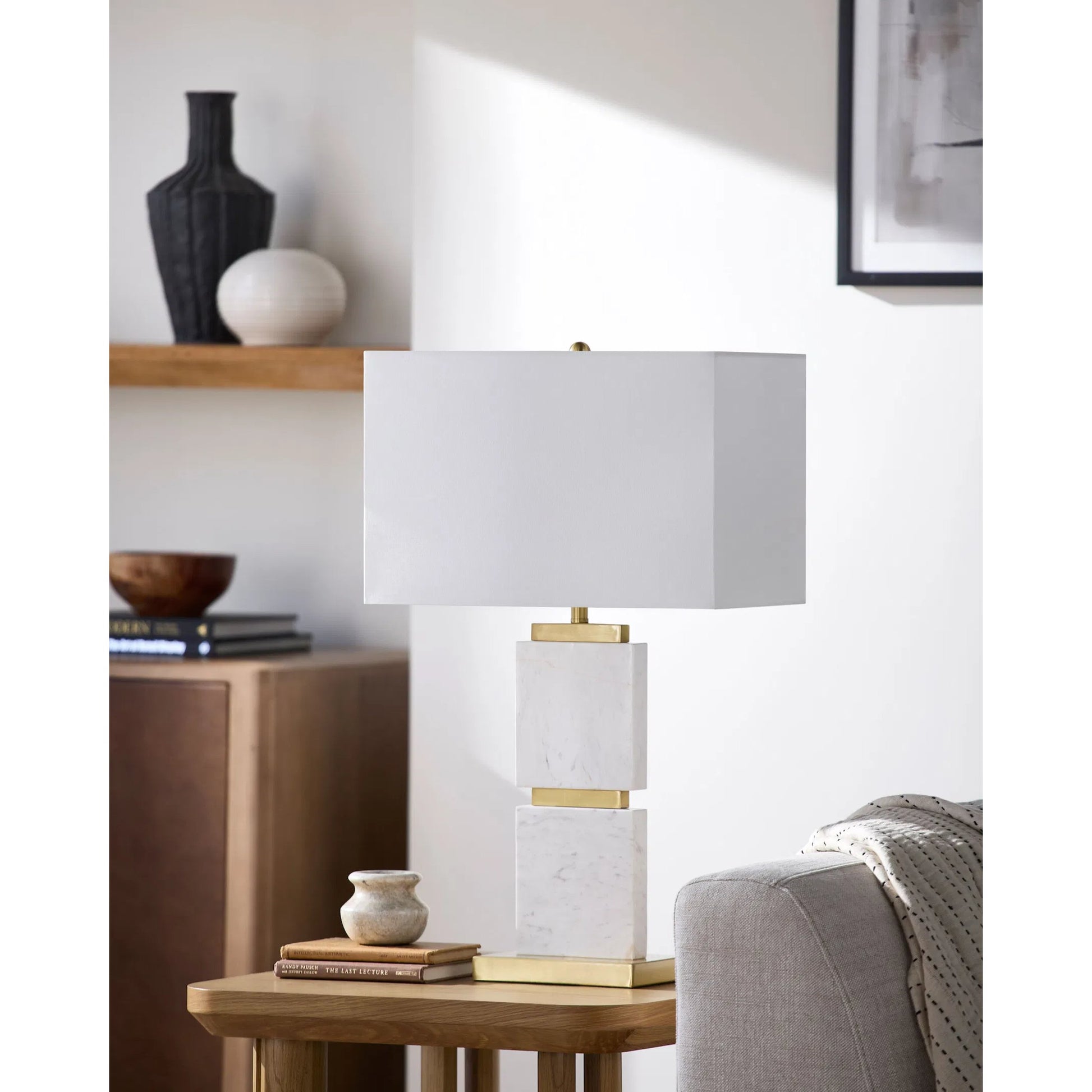 Ponta Accent Table Lamp by Surya in white, translucent, metallic gold. Made from marble, iron, linen, polyester in a transitional style.