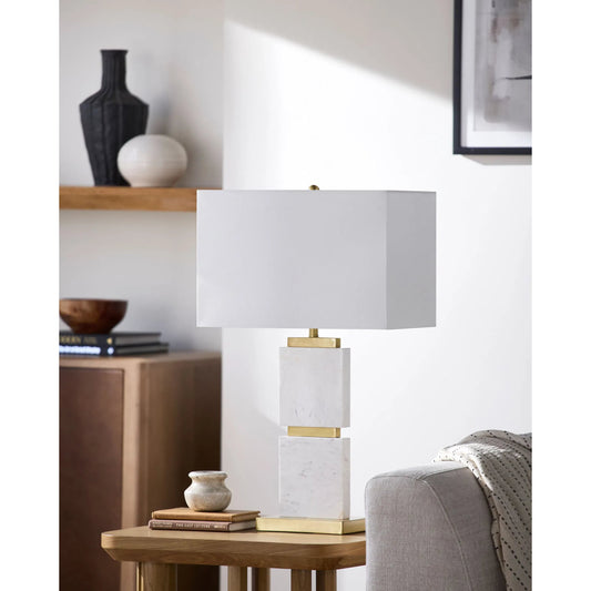 Ponta Accent Table Lamp by Surya in metallic gold, white. Made from marble, iron, linen, polyester in a unique style.