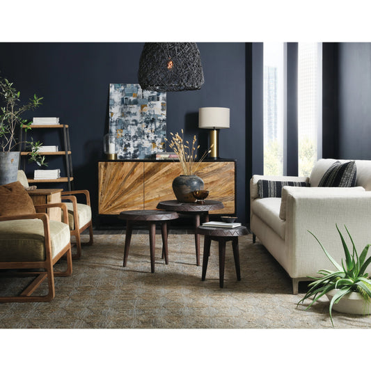 Commerce & Market Entertainment Console by Hooker Furniture in black, medium natural wood. Made from mango solids, iron in a modern style.