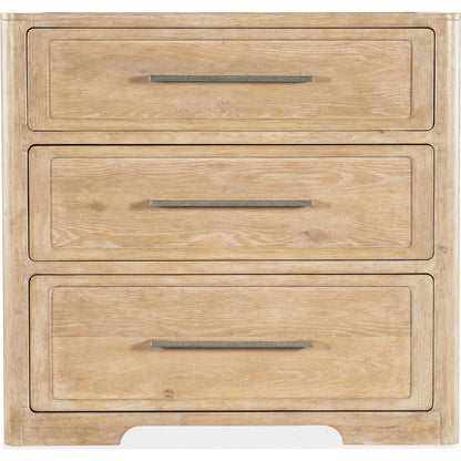 Retreat Three-Drawer Nightstand by Hooker Furniture in dune. Made from oak, maple veneers in a cottage & farmhouse style.