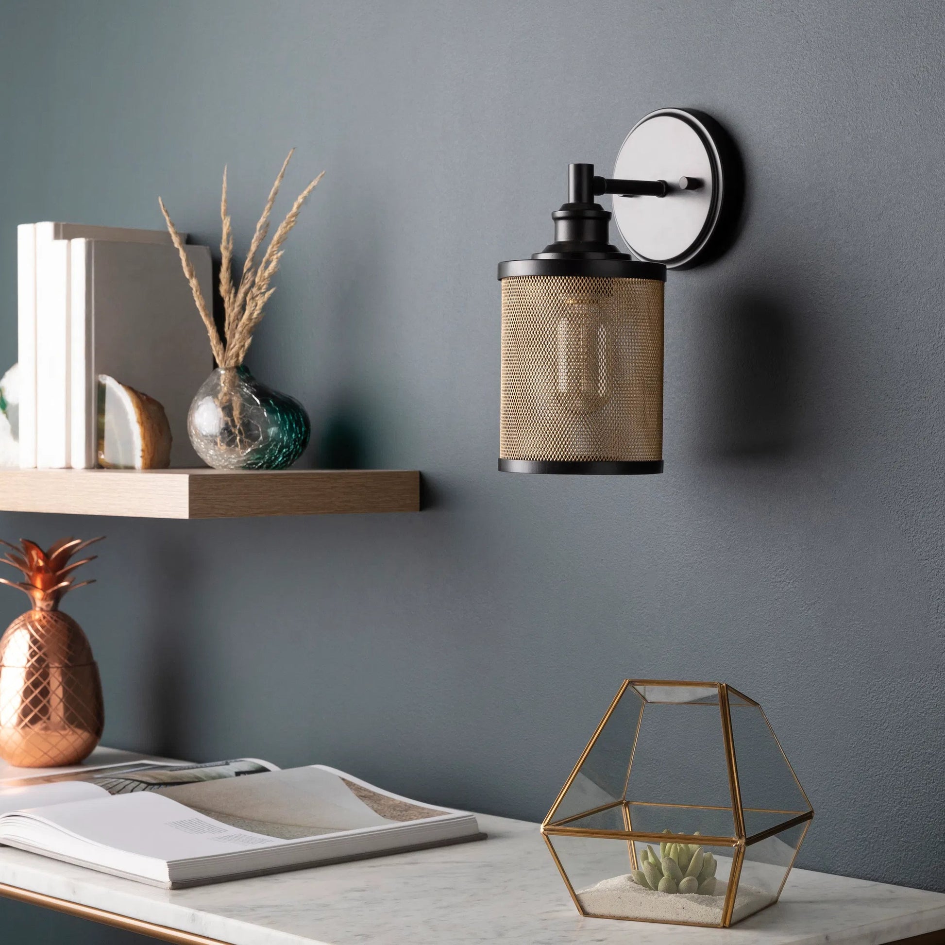Porson Wall Sconce - 25329 by Surya in black, gold and painted. Made from metal, metal mesh in a cottage & farmhouse style.