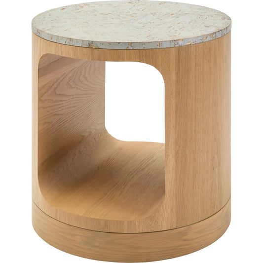 Poros End Table by Surya in natural, lacquered. Made from cork veneer, oak in a unique style.