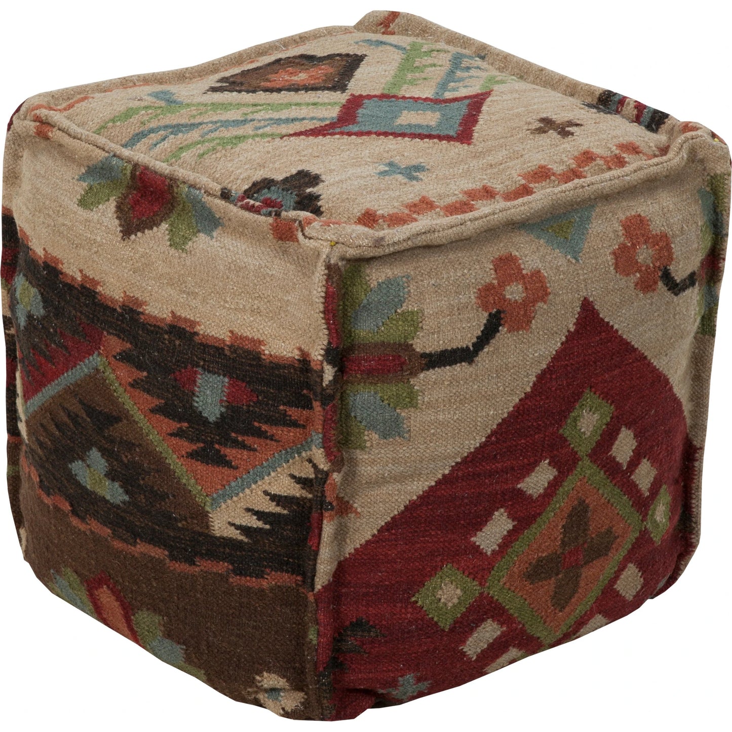001 O-SURYA-POUF-17 | Primary Silo | Frontier - 16466 by Livabliss in burgundy, beige, mocha, chocolate, rust, teal, olive. Made from 100% wool in a rustic style.