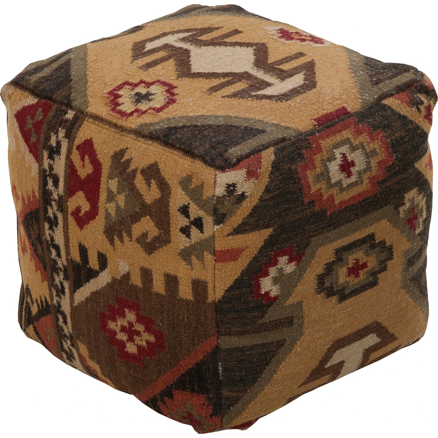 001 O-SURYA-POUF-34 | Primary Silo | Frontier - 6331 by Livabliss in chocolate, burgundy, olive, black, taupe, gold. Made from 20% cotton, 80% wool in a rustic style.