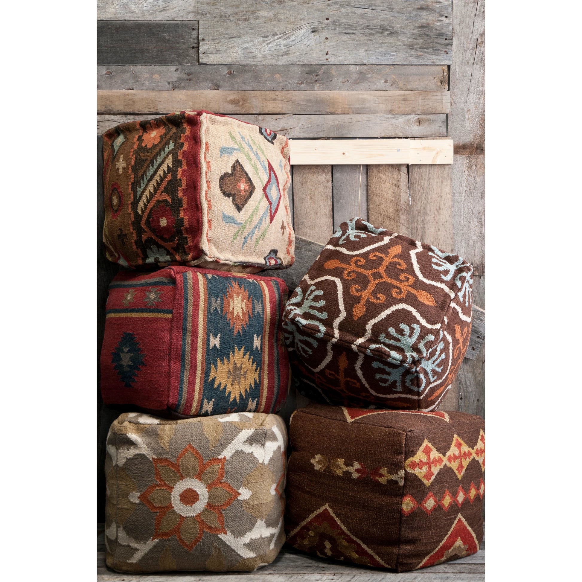 Pouf by Livabliss in burgundy, navy, gold, forest, olive, taupe, tan, beige, rust. Made from 100% wool in a rustic style.