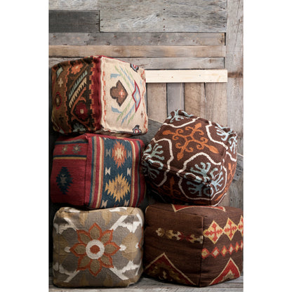 Pouf by Livabliss in burgundy, navy, gold, forest, olive, taupe, tan, beige, rust. Made from 100% wool in a rustic style.