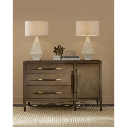 Verona Three-Drawer Chest by Currey and Company in lacquered black linen, champagne. Made from black linen, mahogany, brass, iron in a traditional style.