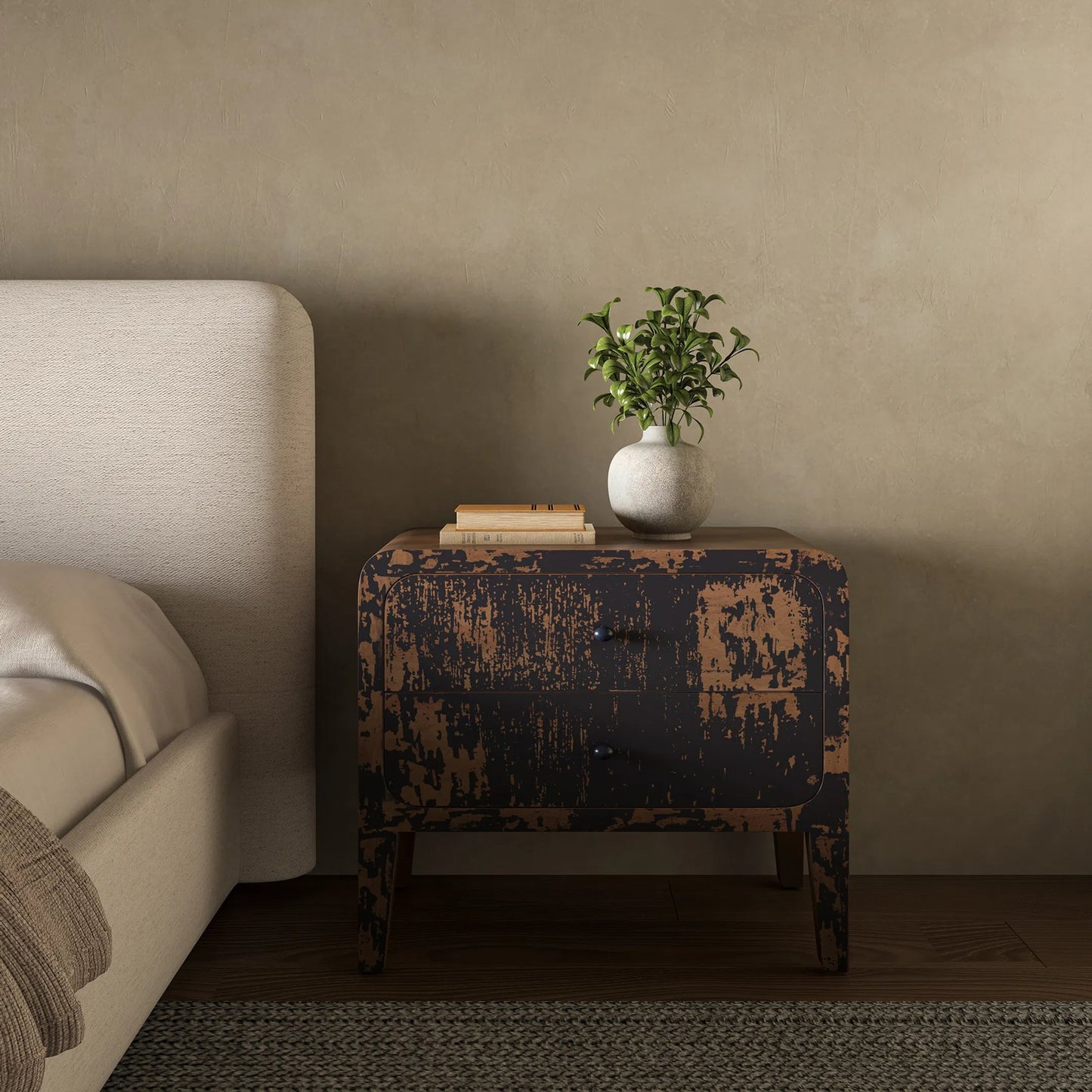 007 SI-2368110 | Lifestyle | Iris Nightstand by Moe's Home Collection in black. Made from mango wood, iron in a rustic style.