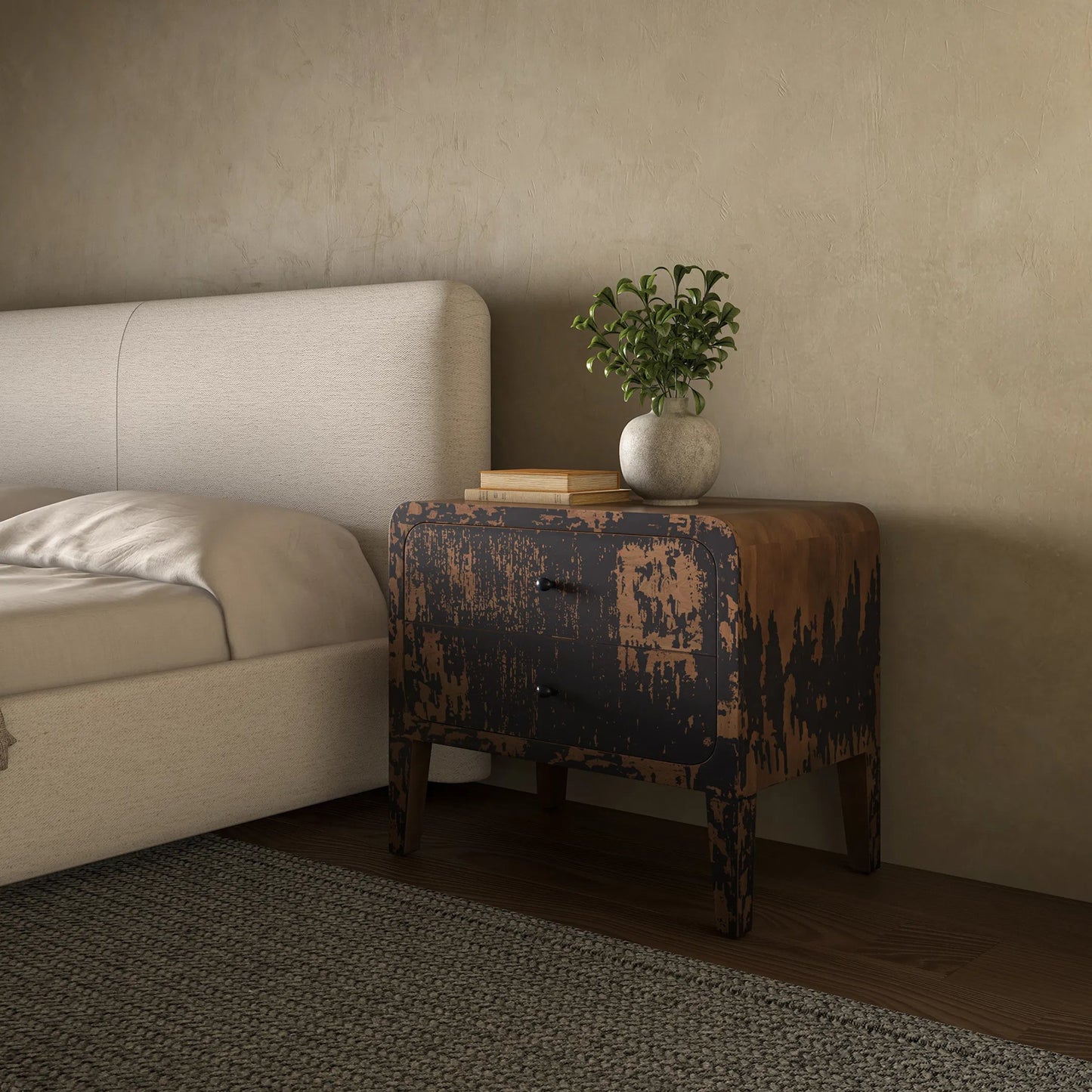 008 SI-2368110 | Lifestyle | Iris Nightstand by Moe's Home Collection in black. Made from mango wood, iron in a rustic style.