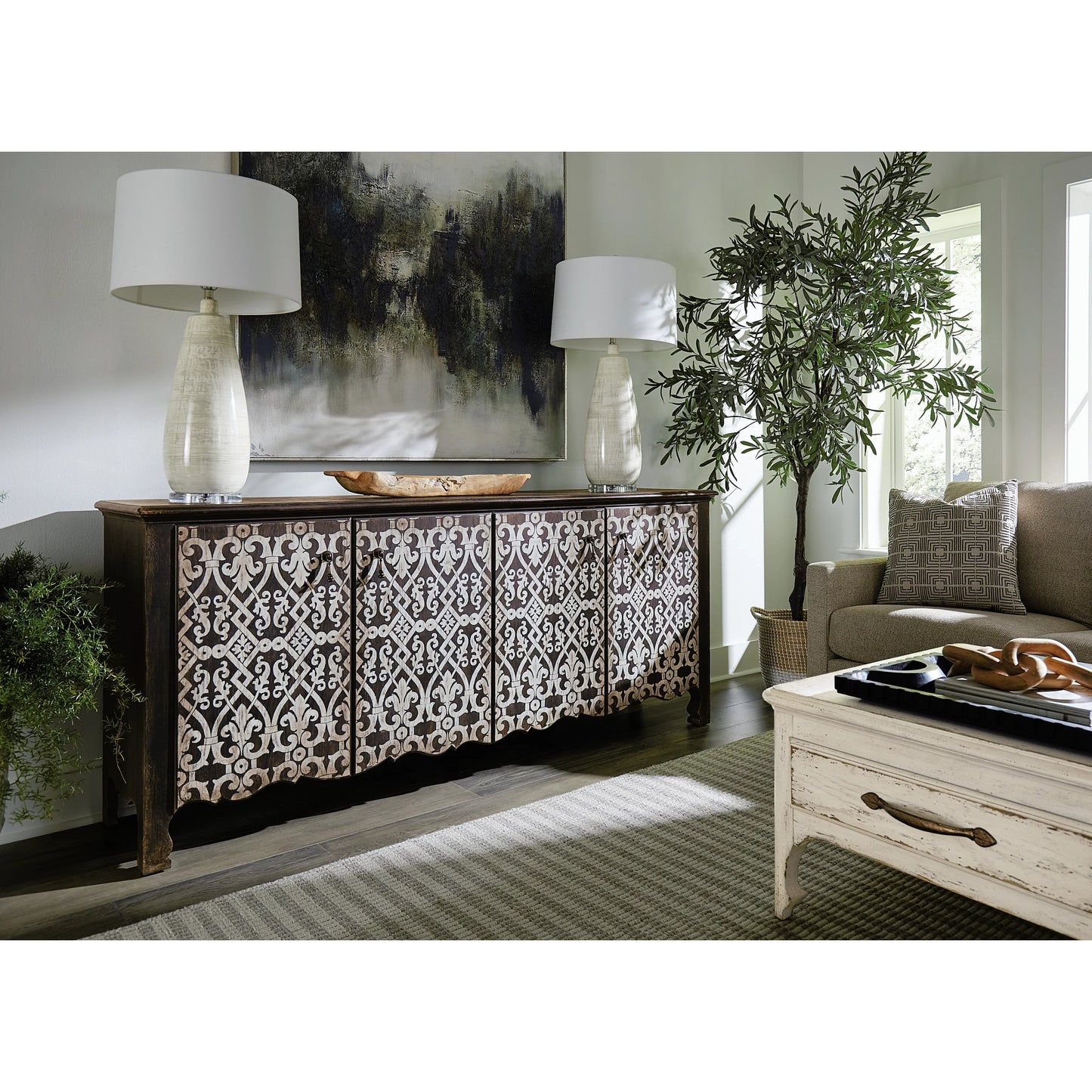 004 SI-2185751 | Lifestyle | Americana Entertainment 4-Door Credenza by Hooker Furniture in molasses. Made from oak veneers with solid-wood edge top in a modern style.