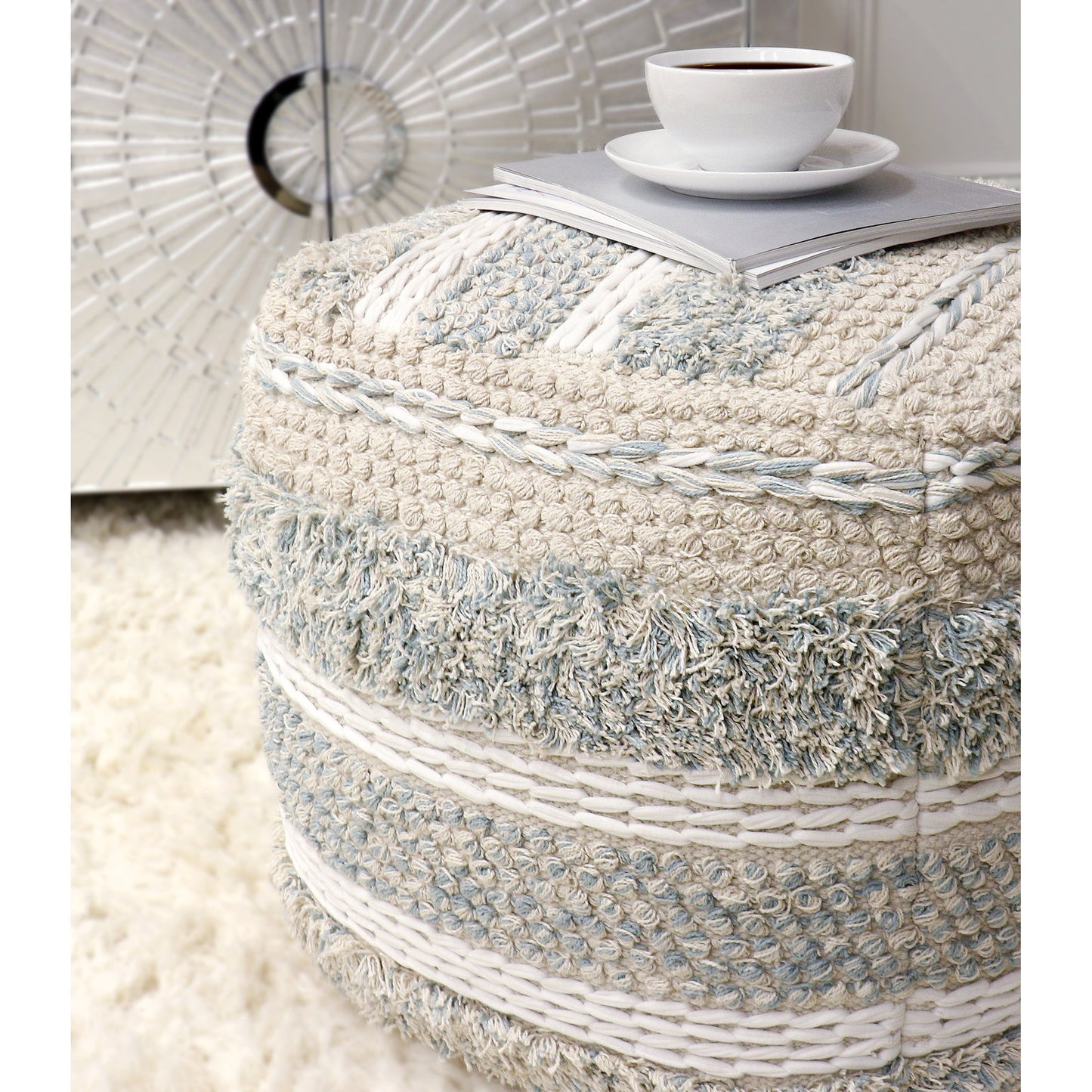 027 SR-702412 | Lifestyle | Grand Canyon Pouf by Pasargad Home. Made from cotton in a modern style.