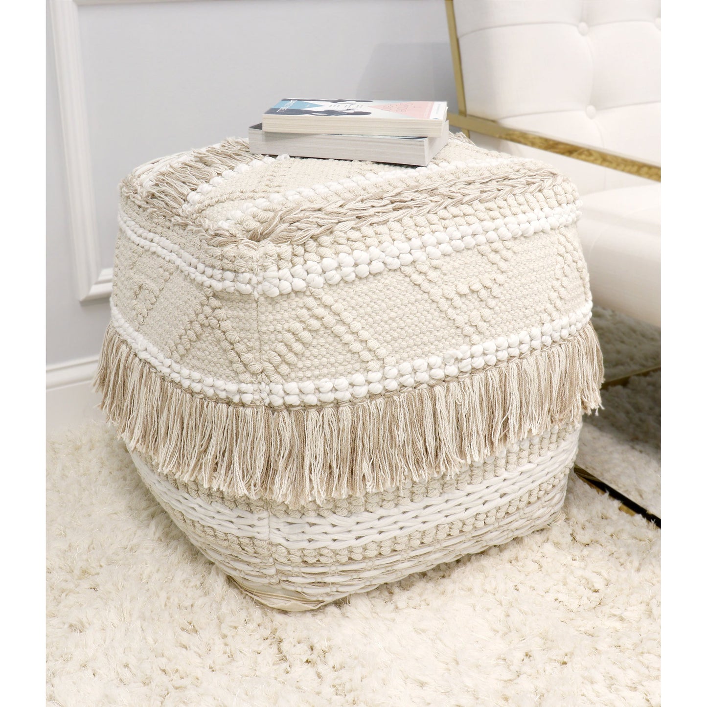 032 SR-702413 | Lifestyle | Grand Canyon Pouf by Pasargad Home. Made from cotton in a modern style.