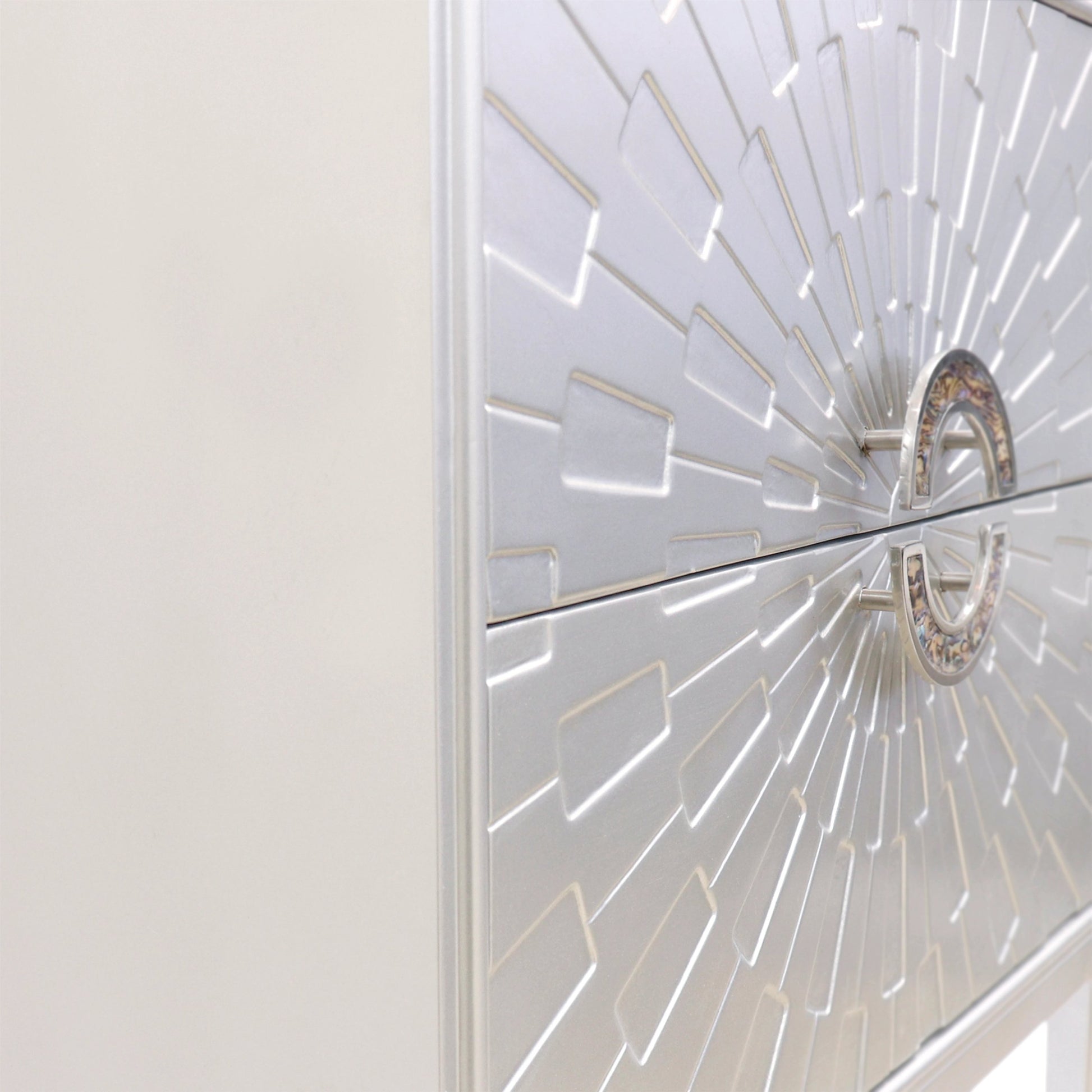 Luna Nightstand by Pasargad Home in silver. Made from wood, metal in a modern style.