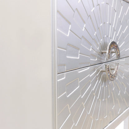 Luna Nightstand by Pasargad Home in silver. Made from wood, metal in a modern style.