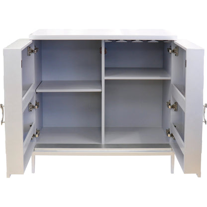 Calypso Bar Cabinet by Pasargad Home in silver. Made from wood, metal in a modern style.