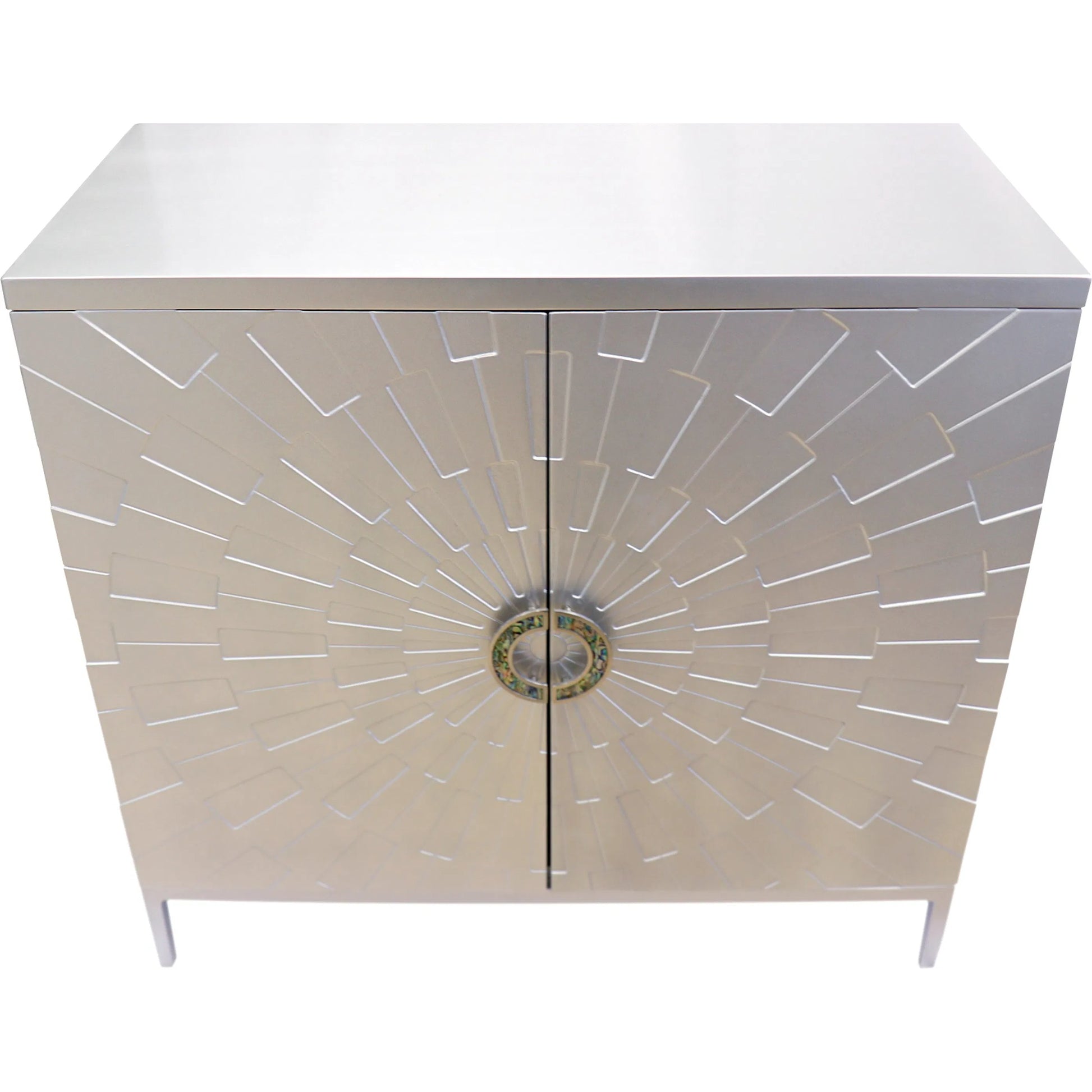 Calypso Bar Cabinet by Pasargad Home in silver. Made from wood, metal in a modern style.