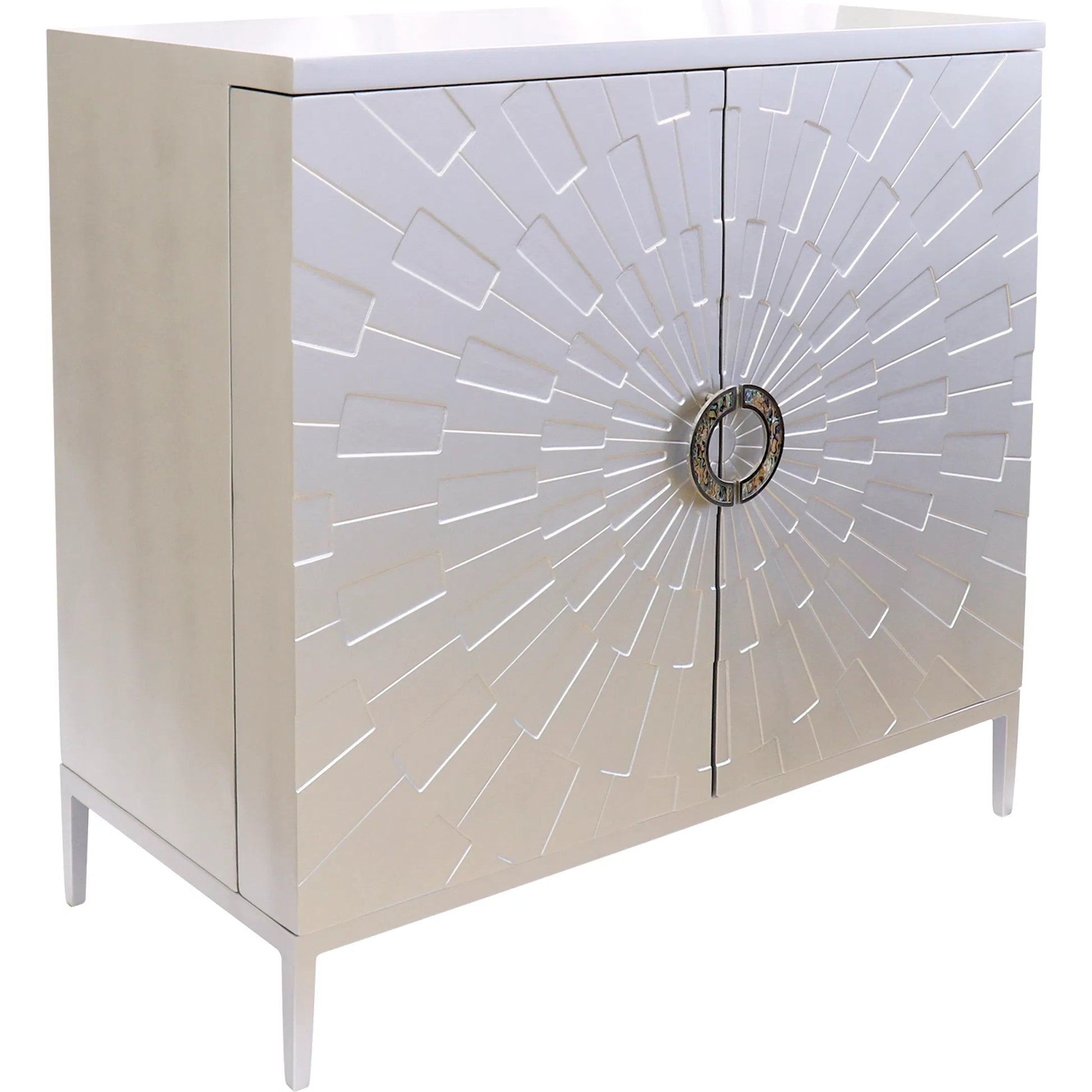 Calypso Bar Cabinet by Pasargad Home in silver. Made from wood, metal in a modern style.