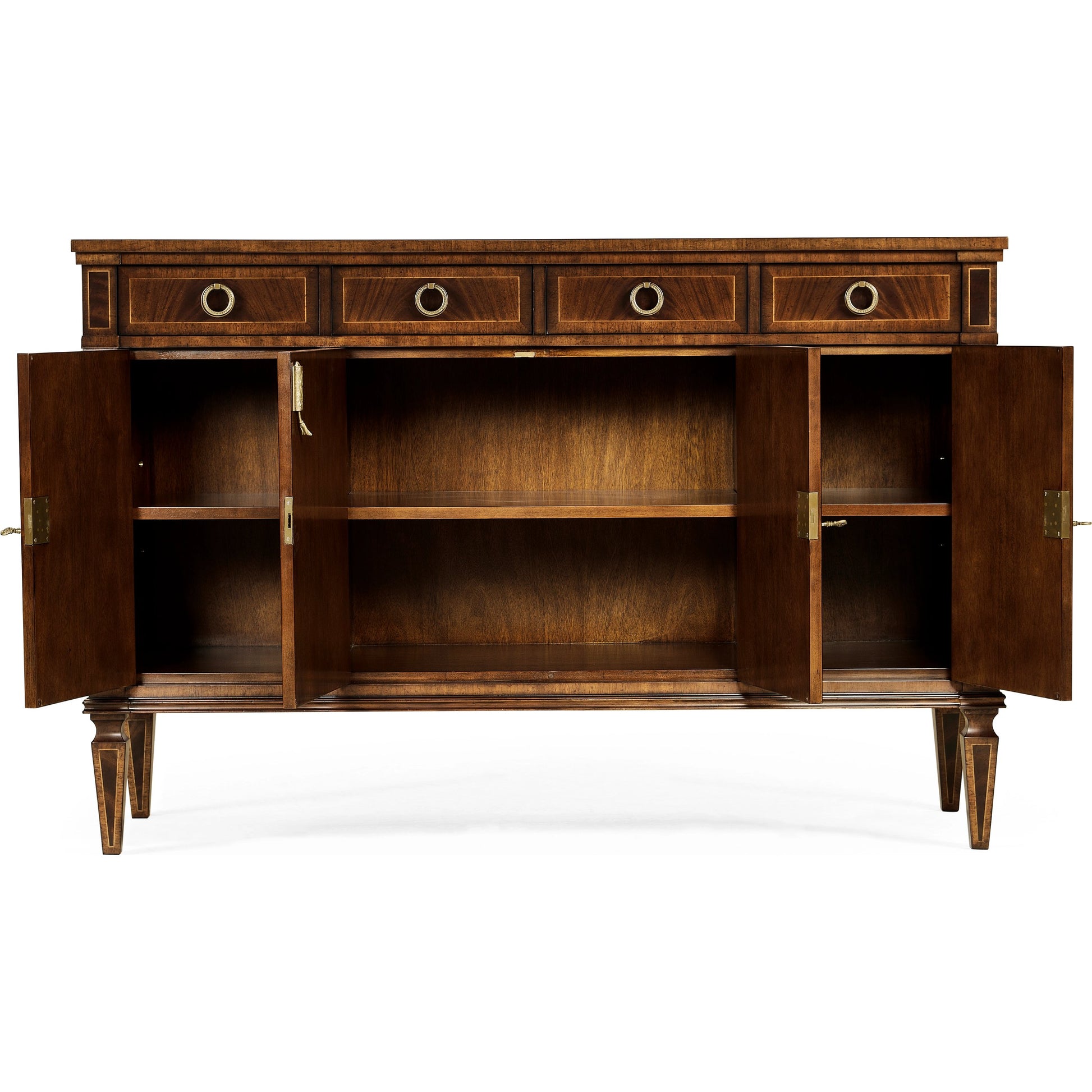 Buckingham Regency Style Mahogany Credenza by Jonathan Charles in brown and medium antique mahogany. Made from acacia in a traditional style.
