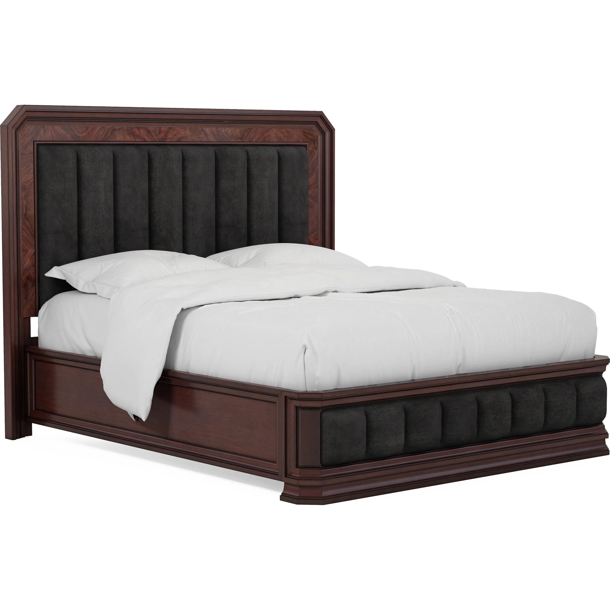 Revival Upholstered Bed by A.R.T. Furniture in charcoal and napa mahogany. Made from rubberwood solids, quarter mahogany veneer, foam, fabric, resin in a traditional style.