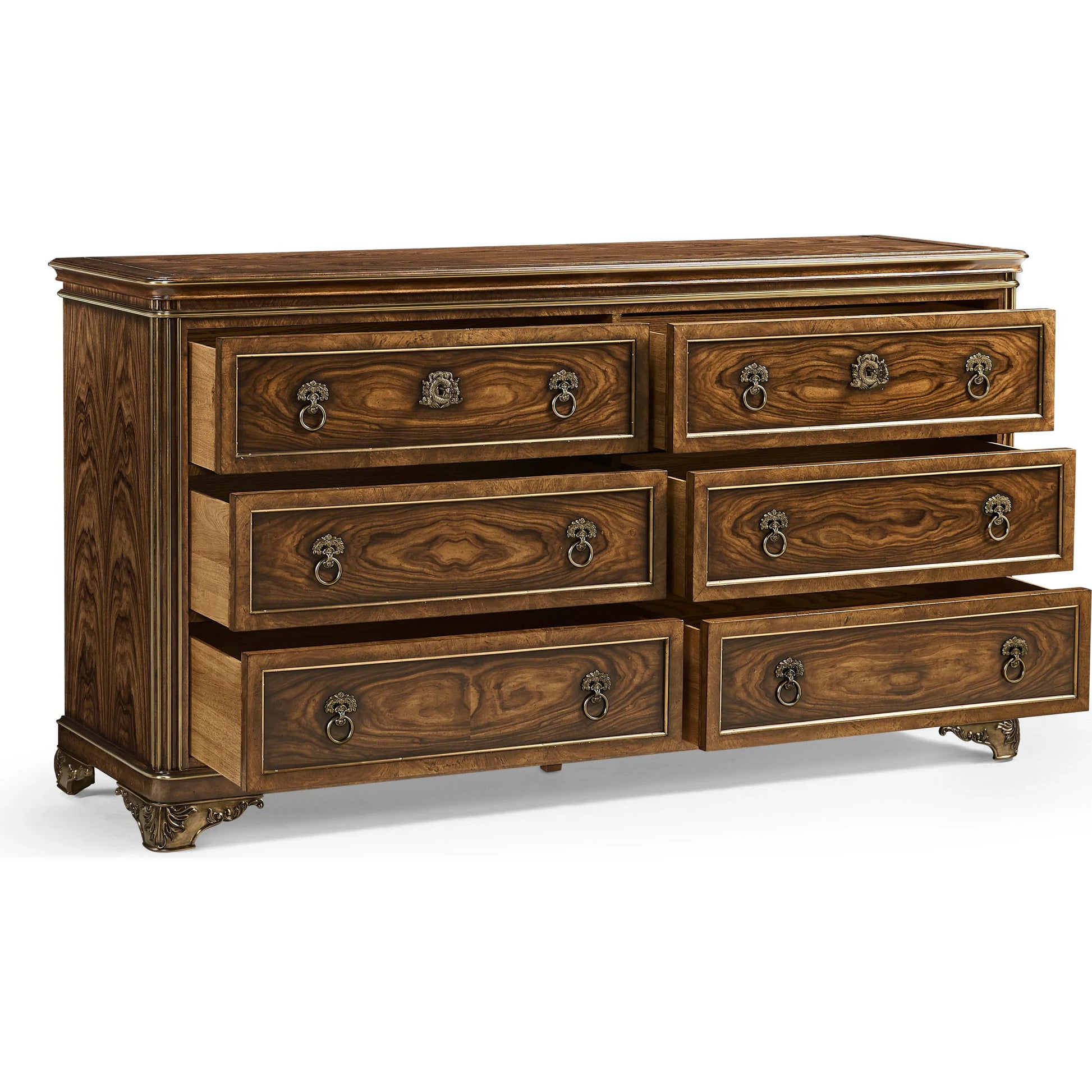 Viceroy Dresser by Jonathan Charles in brown and santos brown, antique brass. Made from mahogany, cerejeira veneers, santos rosewood crown veneers, brass in a traditional style.