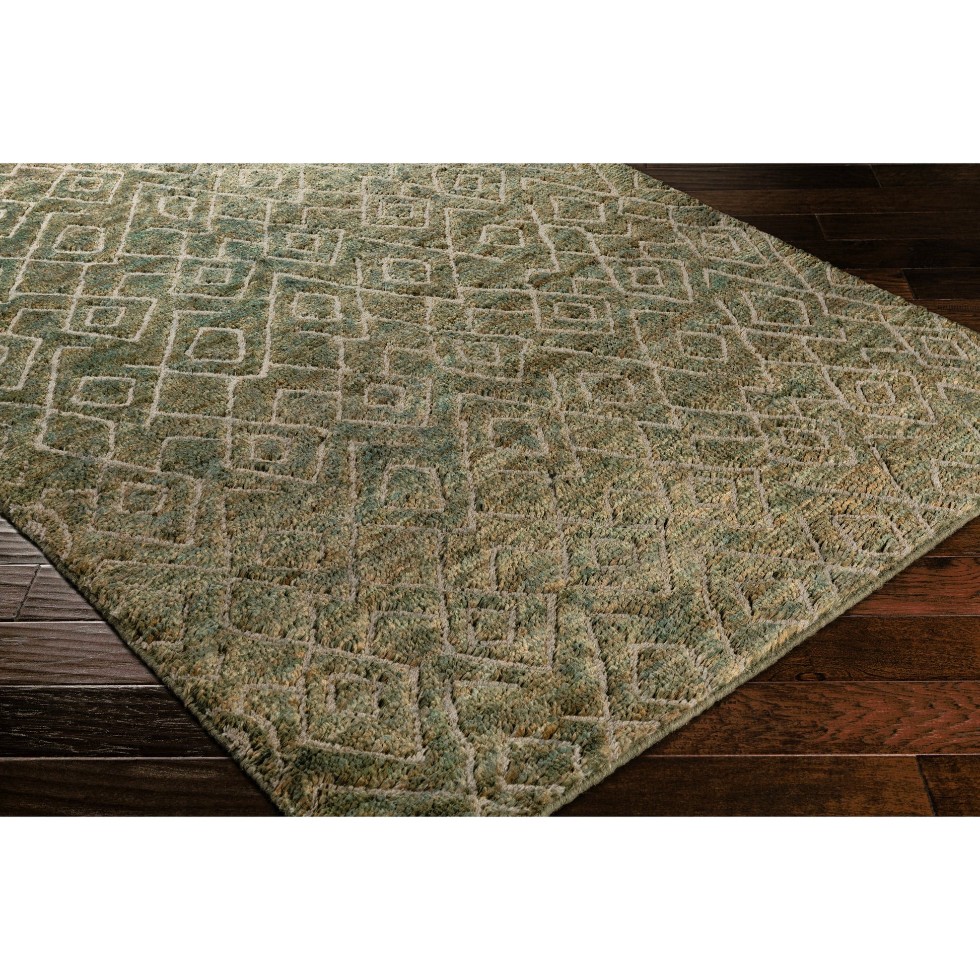 Papyrus Rug - 14855 by Surya in dark green, medium green, sage. Made from 60% wool, 40% jute in a unique style.