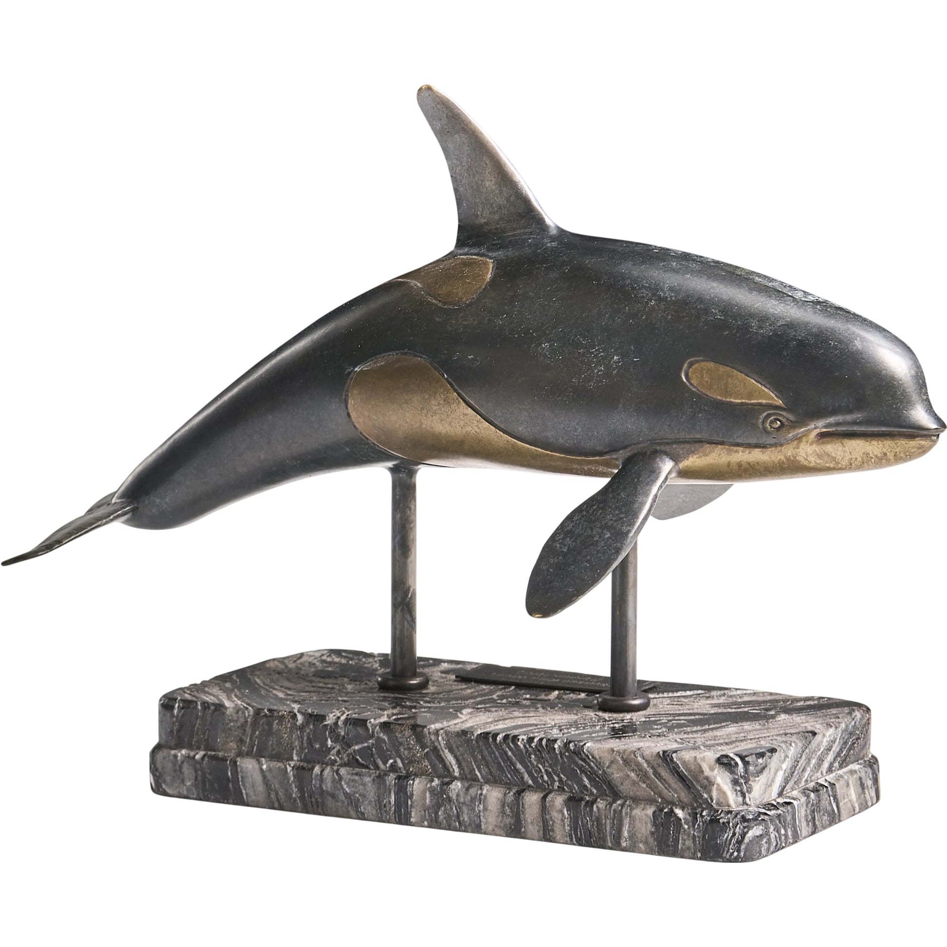 Killer Whale Bronze Statue with Marble Base by Jonathan Charles in dark rustic waxed bronze. Made from main brass in a unique style.