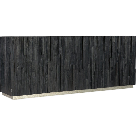 Chapman Shou Sugi Ban Entertainment Console by Hooker Furniture in charred black. Made from pine veneers in a modern style.