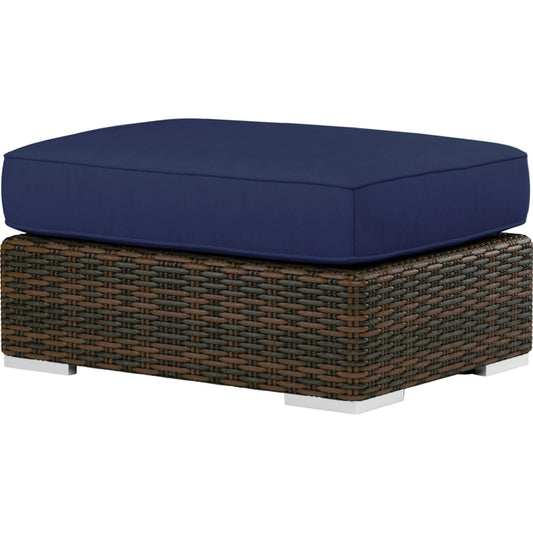 Montecito Outdoor Ottoman by Sunset West in cognac. Made from resin wicker in a modern style.