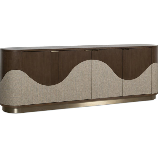 Commerce and Market Roll With It Four-Door Credenza by Hooker Furniture in dark wood and dark wood, white oak veneers, champagne colored metal. Made from white oak veneers, raffia in a unique style.