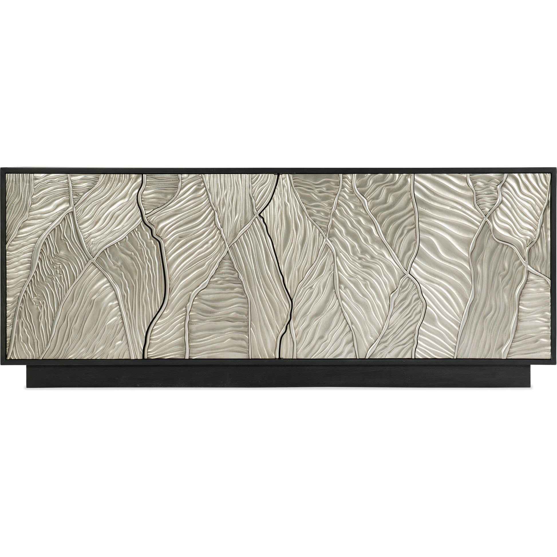 Melange Summit Gorge Entertainment Console by Hooker Furniture in black. Made from oak veneers, resin in a modern style.