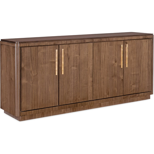 Eleana Buffet by Hooker Furniture in light caramel, quartered walnut veneers, sunlit bronze metal. Made from walnut veneers in a traditional style.