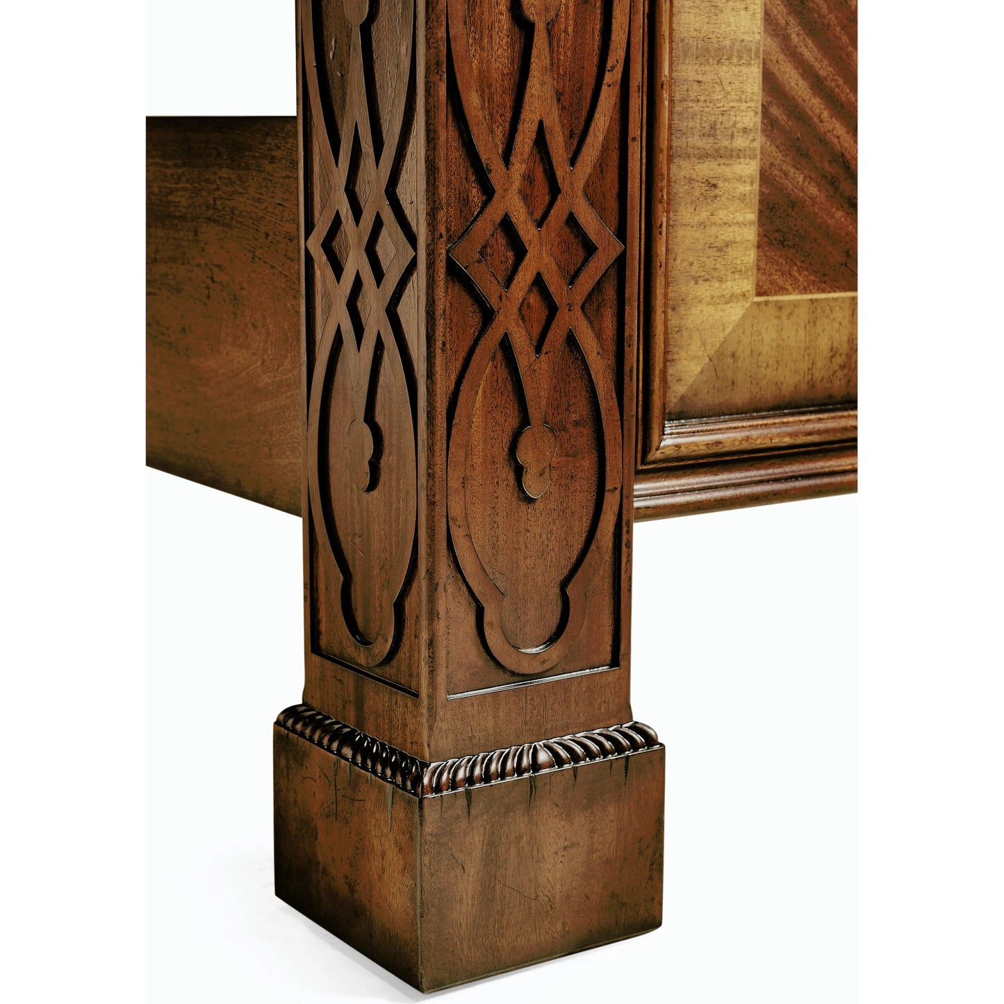008 SR-846035 | Closeup | Versailles Mahogany King Poster Bed by Jonathan Charles in brown and medium antique mahogany. Made from mahogany in a traditional style.