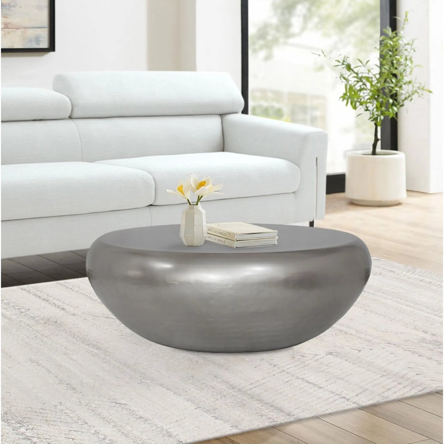 006 SI-2534684 | Lifestyle | Helios Handforged Drum Coffee Table - PRR-033SIL by Pasargad Home in silver. Made from metal in a unique style.