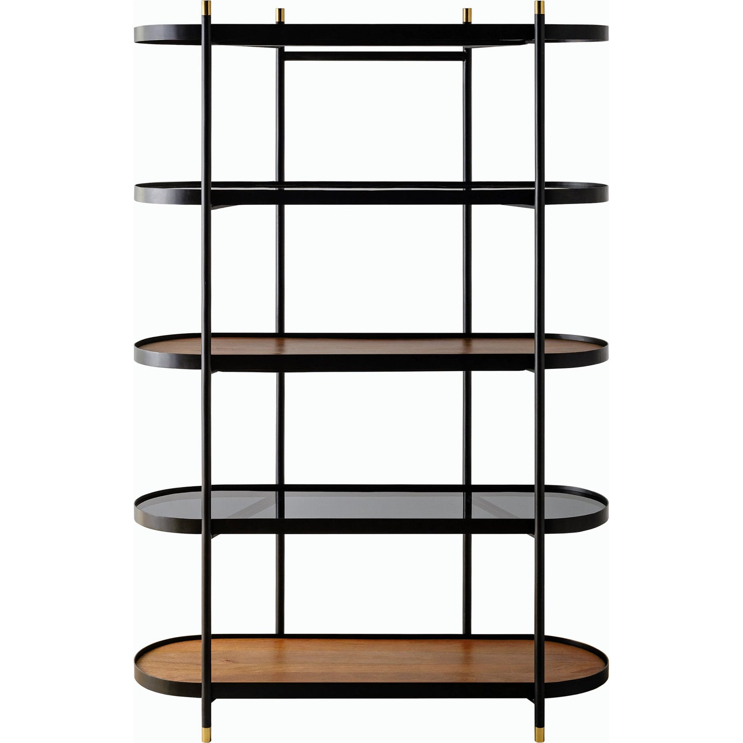 002 SI-2164712 | Closeup | Pearson Bookcase - 530641 by Surya in top: dark brown, black, base: black and powder coatedstainedtinted. Made from mango wood, glass, iron in a modern style.