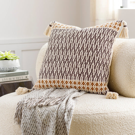 Provo Pillow - 30494 by Surya in ivory, dark brown, burnt orange. Made from front: 100% cotton, back: 100% cotton in a modern style.