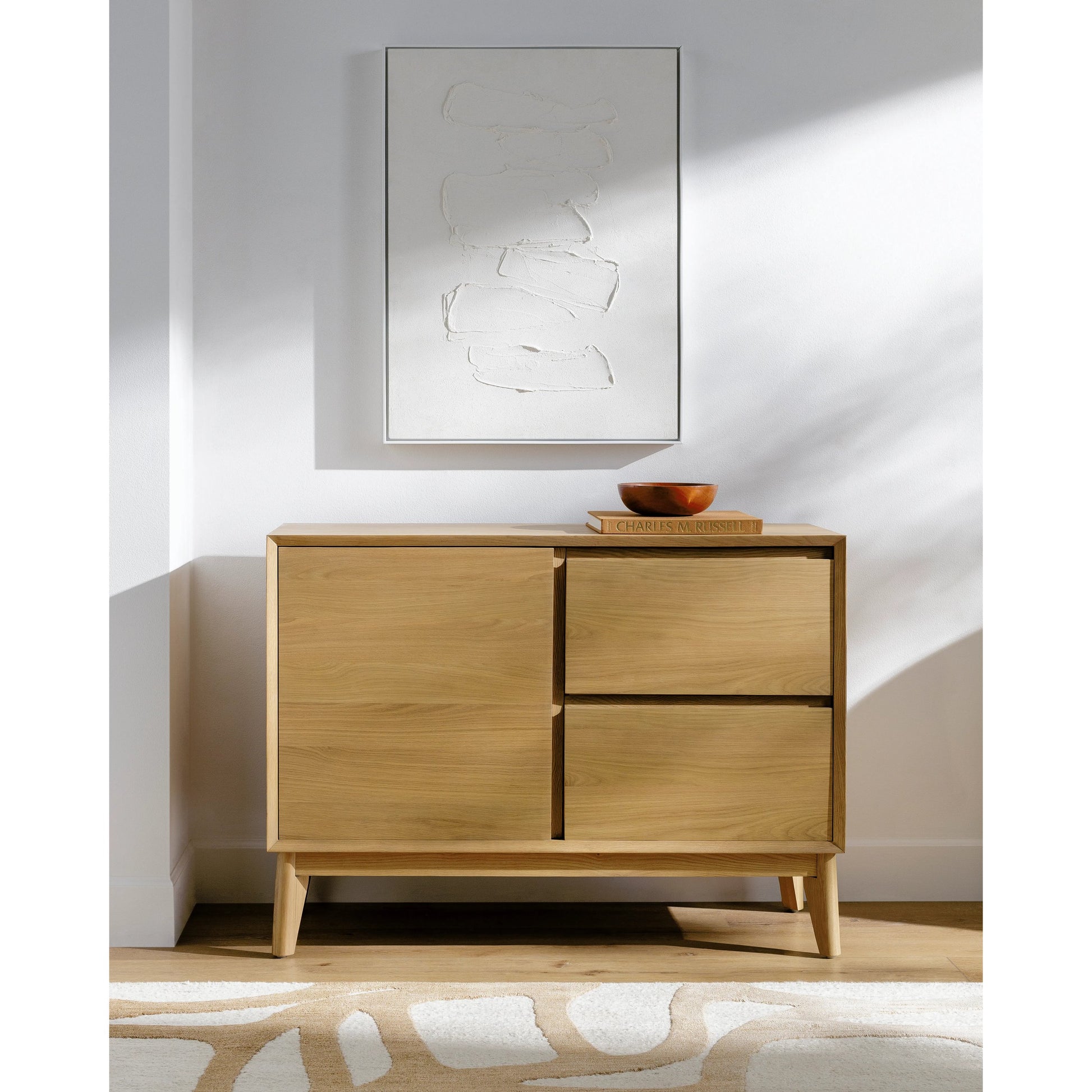 Pryce Sideboard by Surya in brown and wood finish. Made from oak in a modern style.