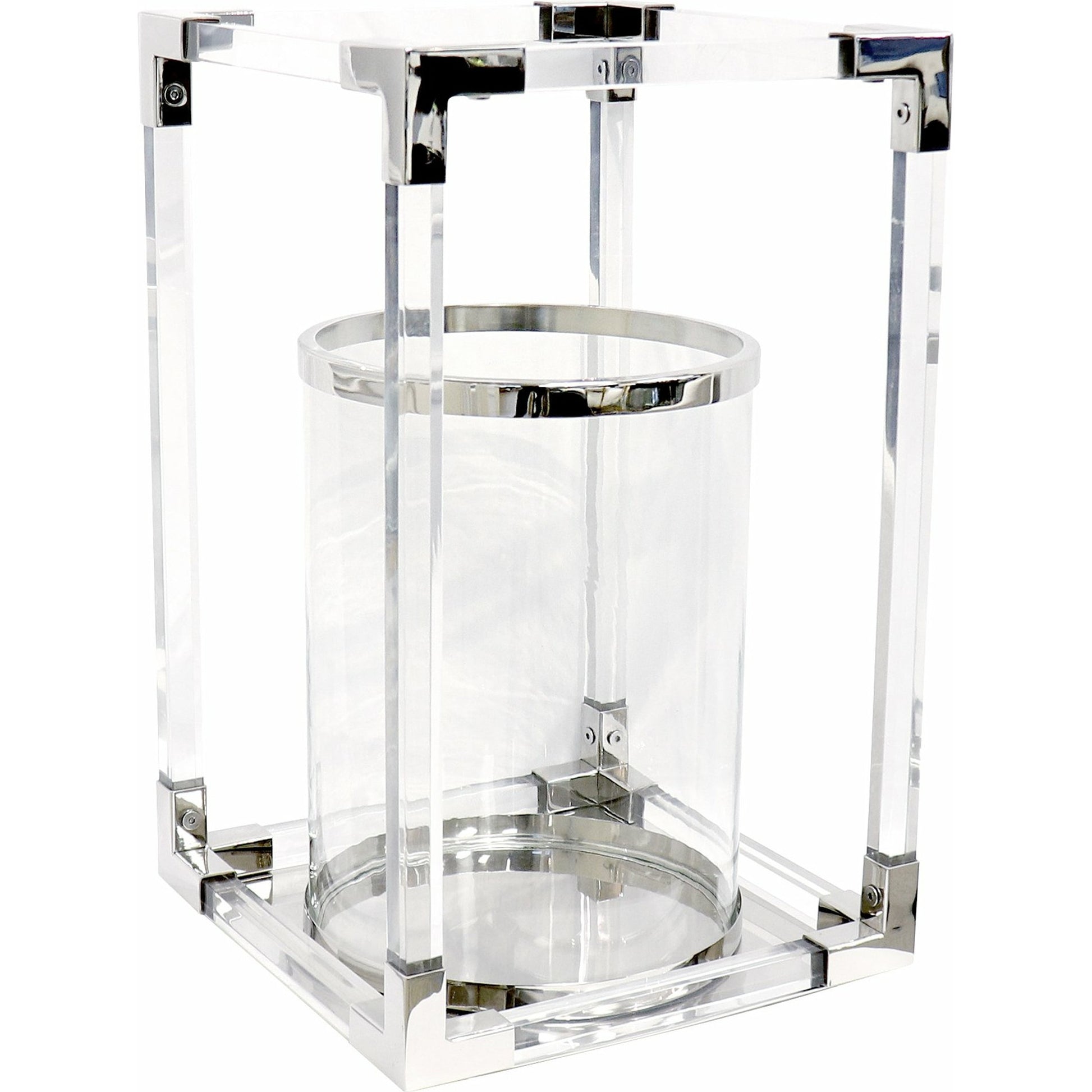 Soren Lantern by Pasargad Home in clear. Made from lucite, steel in a transitional style.