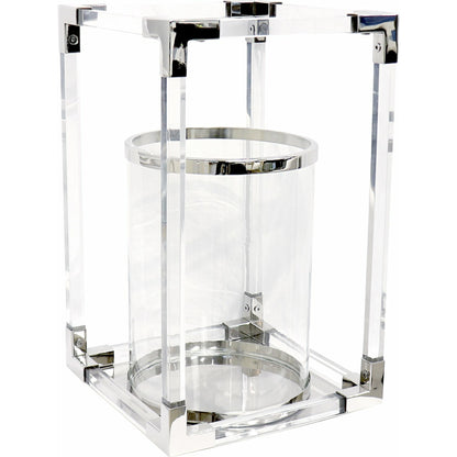 Soren Lantern by Pasargad Home in clear. Made from lucite, steel in a transitional style.