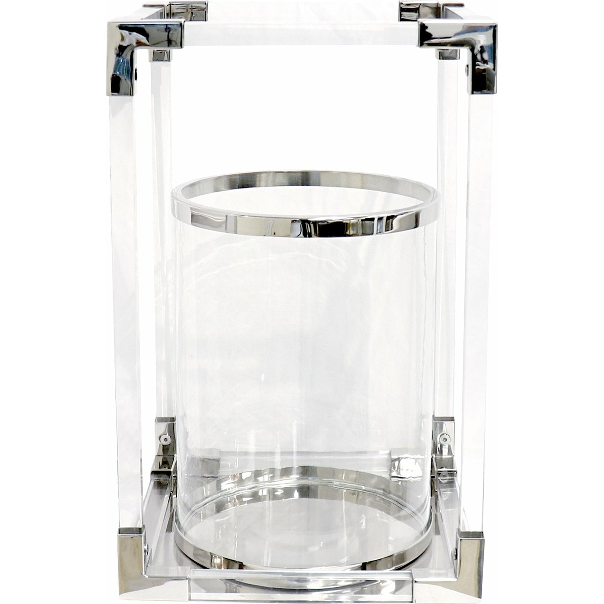 Soren Lantern by Pasargad Home in clear. Made from lucite, steel in a transitional style.