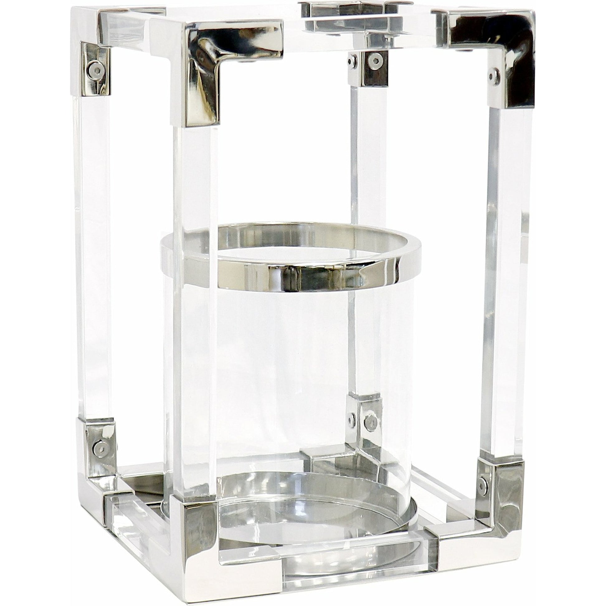 Soren Lantern by Pasargad Home in clear. Made from lucite, steel in a transitional style.