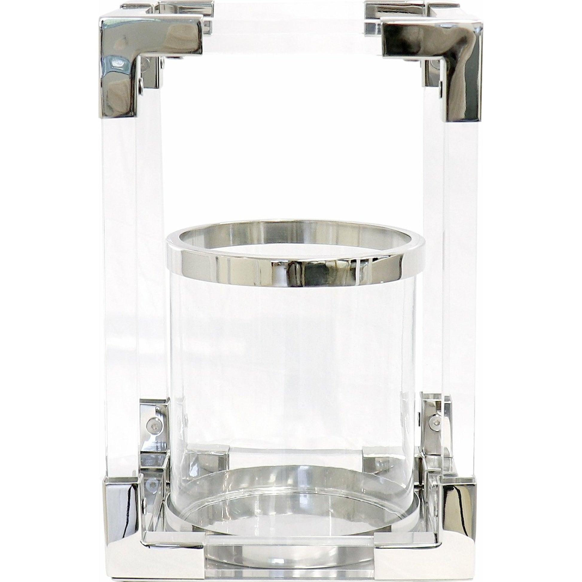 Soren Lantern by Pasargad Home in clear. Made from lucite, steel in a transitional style.