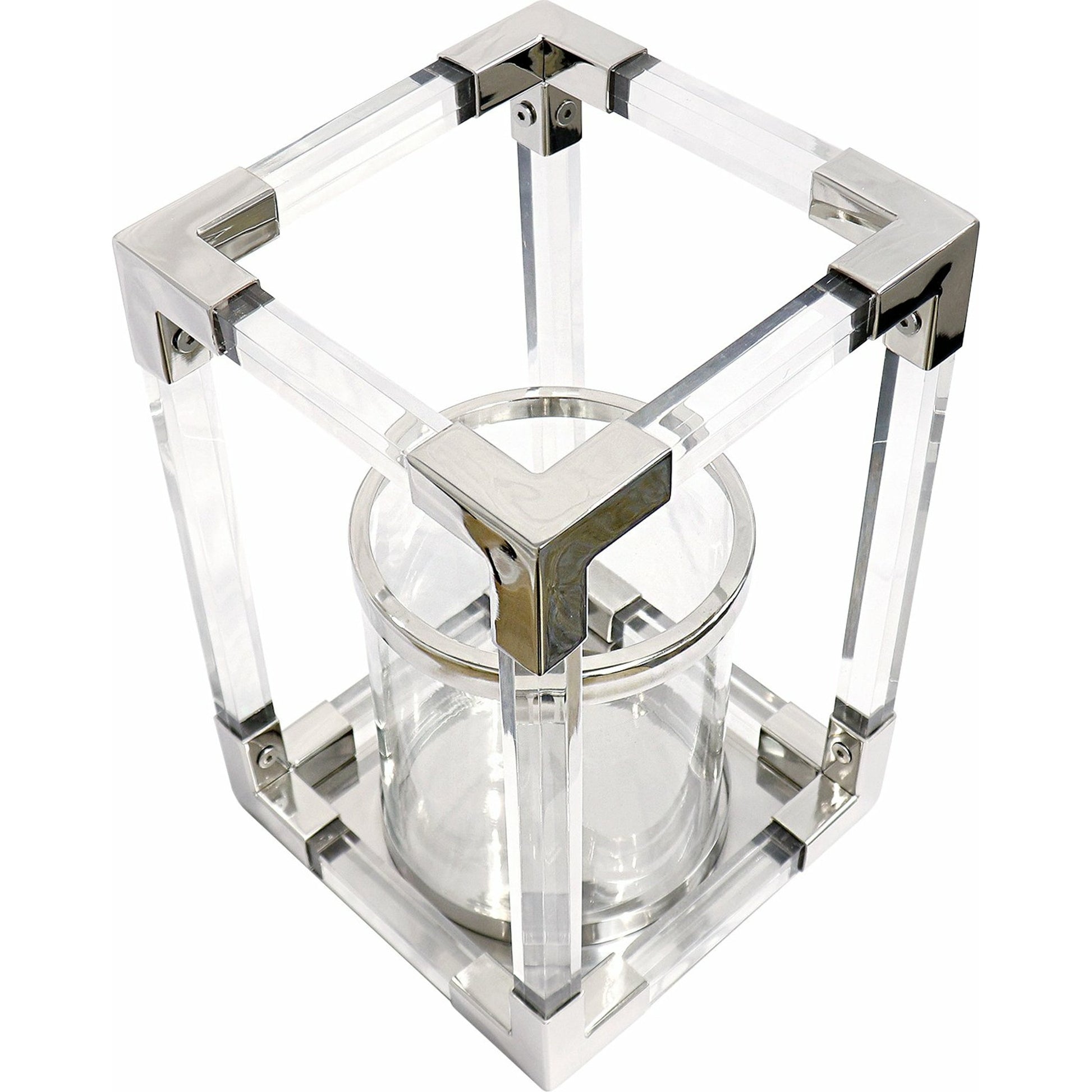 Soren Lantern by Pasargad Home in clear. Made from lucite, steel in a transitional style.
