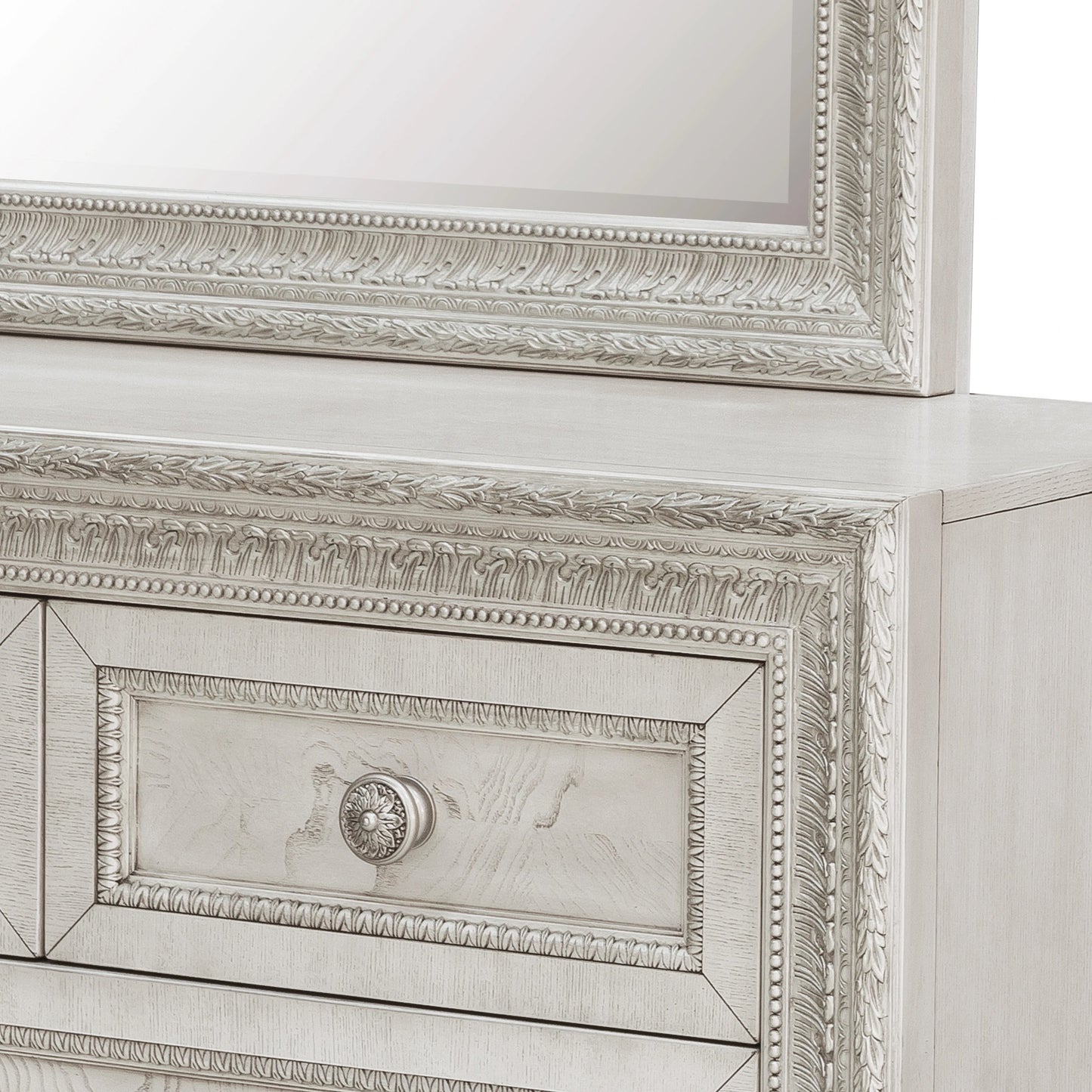 005 SI-2155463 | Closeup | Camila Dresser and Mirror by Pulaski Furniture in semi-transparent creamy white. Made from ash veneers in a transitional style.