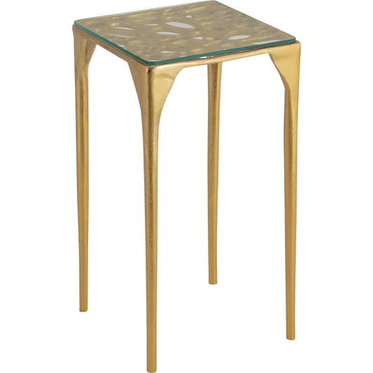 Honeycomb Drinks Table by Currey and Company in gold, clear. Made from cast aluminum, glass in a unique style.