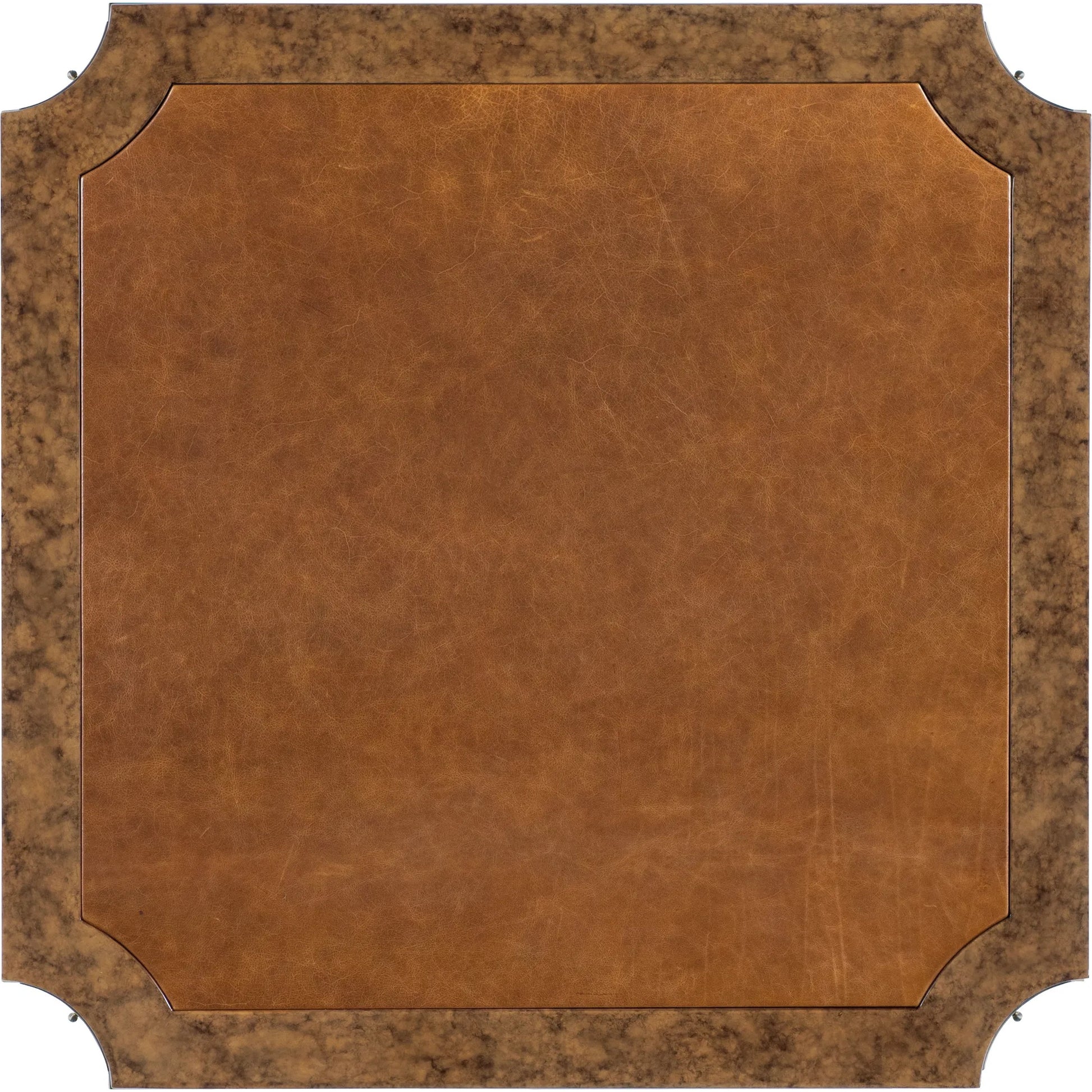 Archives Game Table by Hooker Furniture in amber faux-tortoise shell. Made from leather, hair on hide leather, birch veneers, metal in a traditional style.