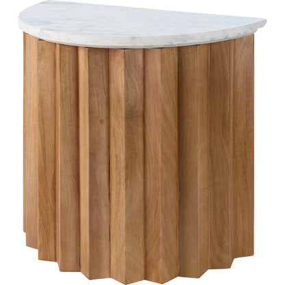 Piestra End Table by Surya in white, brown and natural, marbled. Made from top: marble, base: mango wood in a modern style.