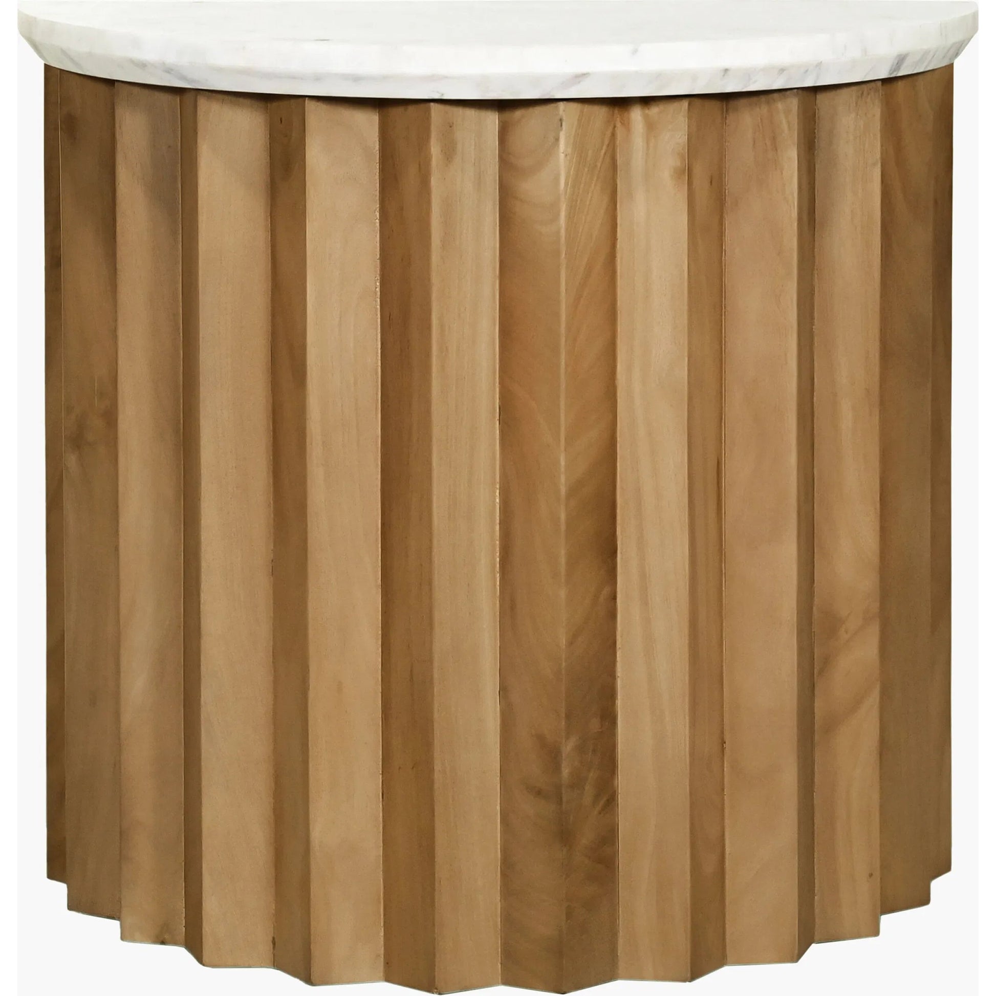 Piestra End Table by Surya in white, brown and natural, marbled. Made from top: marble, base: mango wood in a modern style.